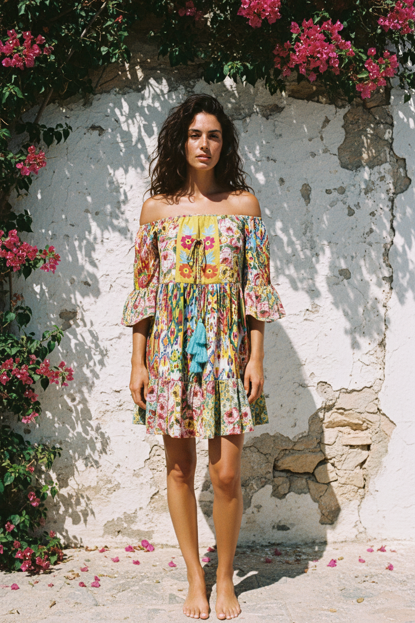 Boho Minikleid Off-Shoulder Multicolor mit Quasten – LACLARA mediterrane Mode