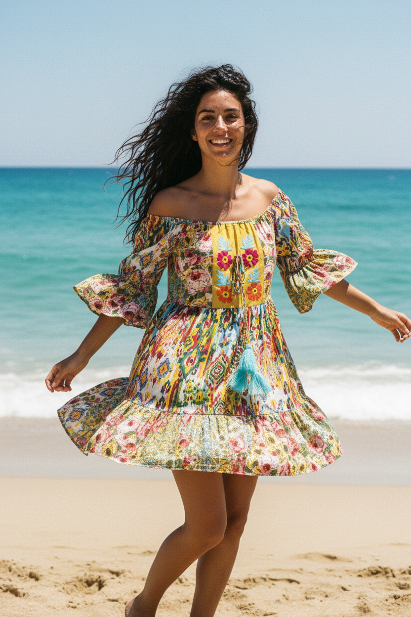 Boho Minikleid Off-Shoulder Multicolor mit Quasten – LACLARA mediterrane Mode