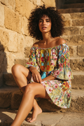 Boho Minikleid Off-Shoulder Multicolor mit Quasten – LACLARA mediterrane Mode