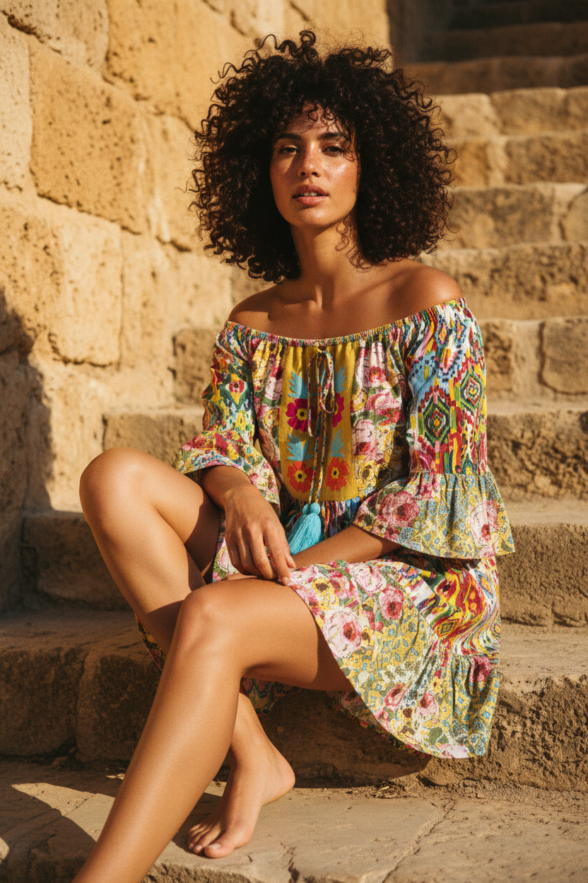 Boho Minikleid Off-Shoulder Multicolor mit Quasten – LACLARA mediterrane Mode