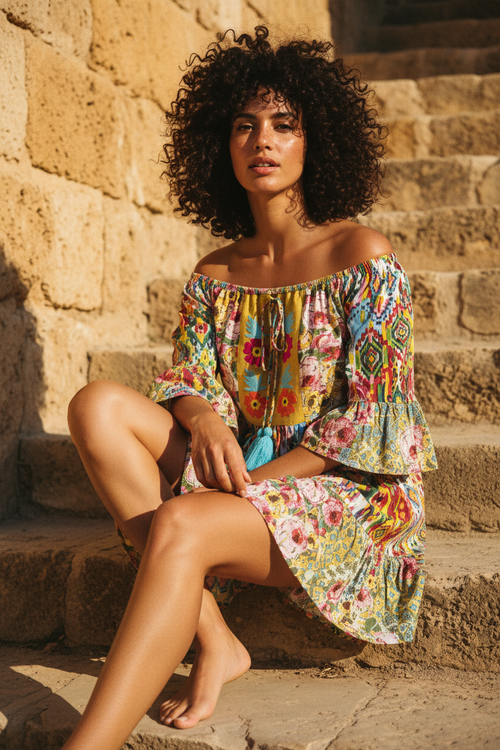 Boho Minikleid Off-Shoulder Multicolor mit Quasten – LACLARA mediterrane Mode