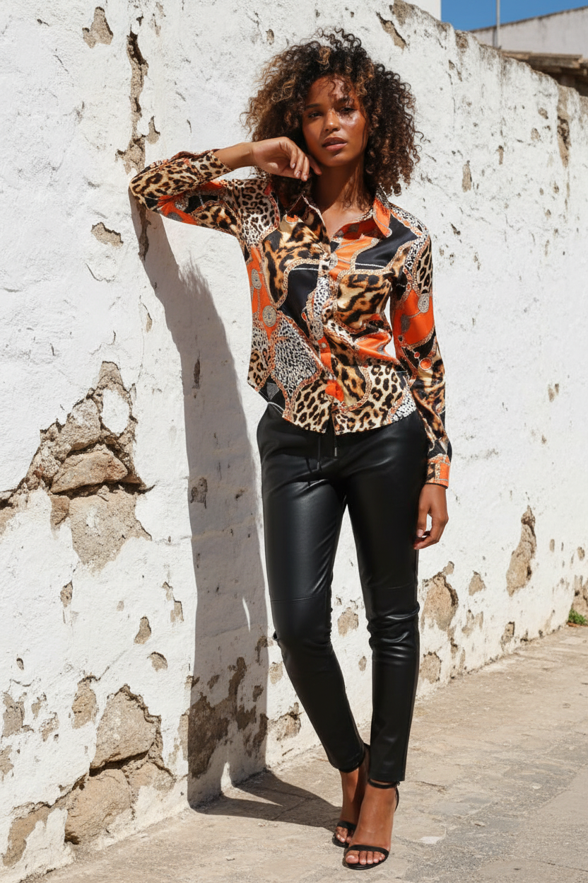 Leo-Print Bluse mit Ketten-Motiven – LACLARA mediterrane Mode