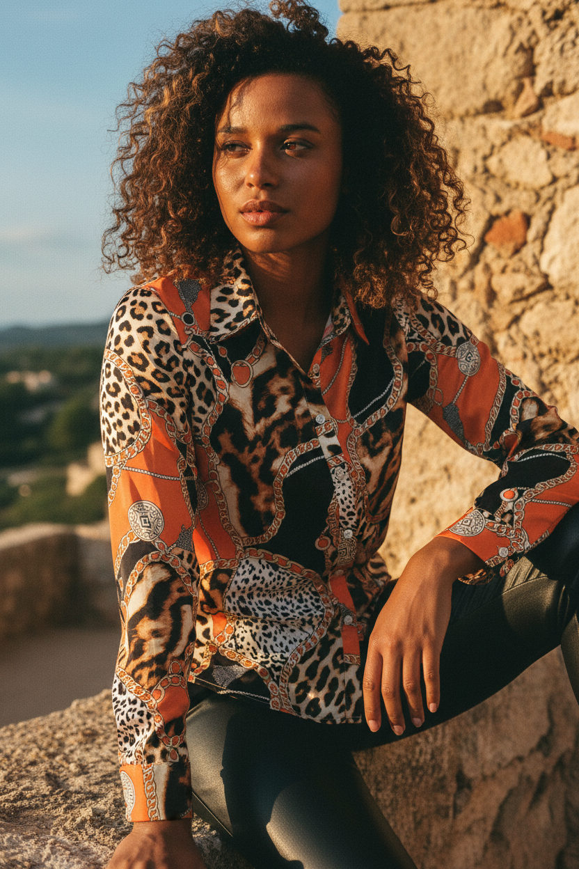 Leo-Print Bluse mit Ketten-Motiven – LACLARA mediterrane Mode