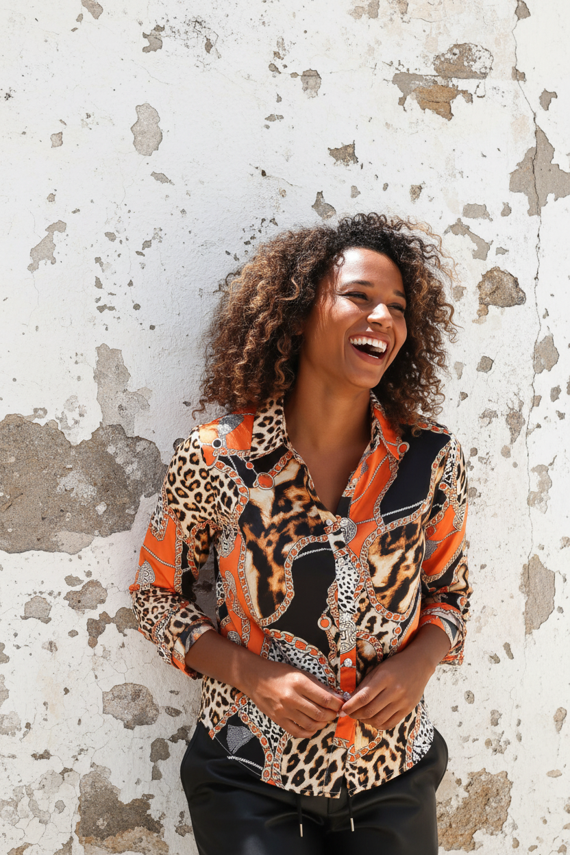 Leo-Print Bluse mit Ketten-Motiven – LACLARA mediterrane Mode
