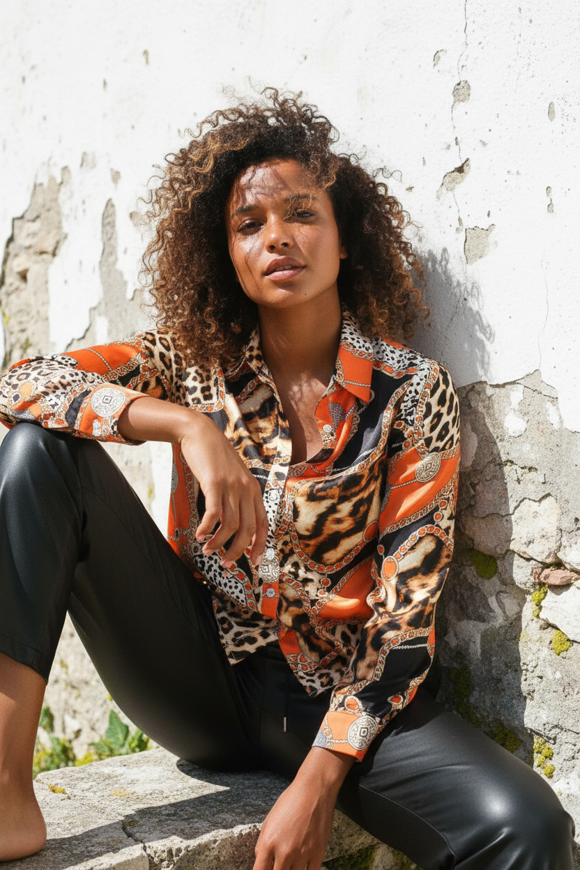 Leo-Print Bluse mit Ketten-Motiven – LACLARA mediterrane Mode