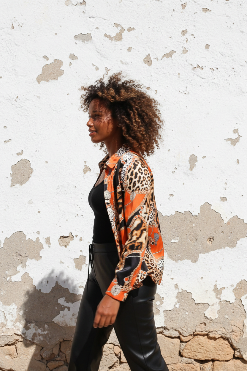 Leo-Print Bluse mit Ketten-Motiven – LACLARA mediterrane Mode