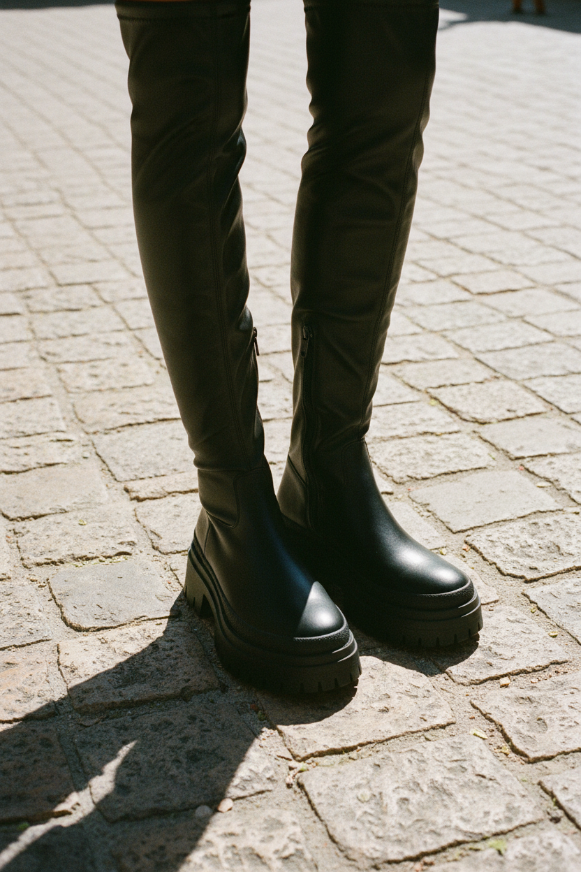 Overknee Boots Schwarz Chunky-Sohle Kunstleder – LACLARA mediterrane Mode
