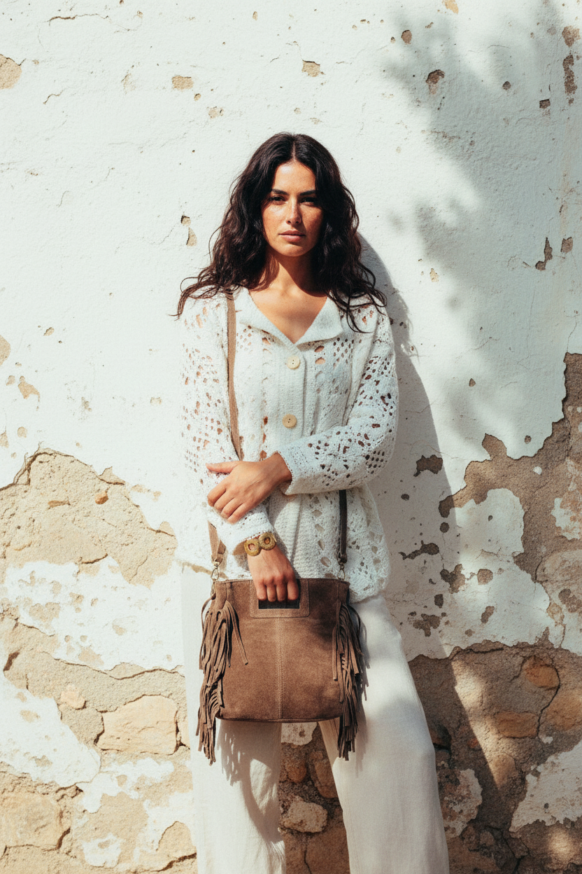 Boho Handtasche mit Fransen – Echtleder Braun – LACLARA mediterrane Mode