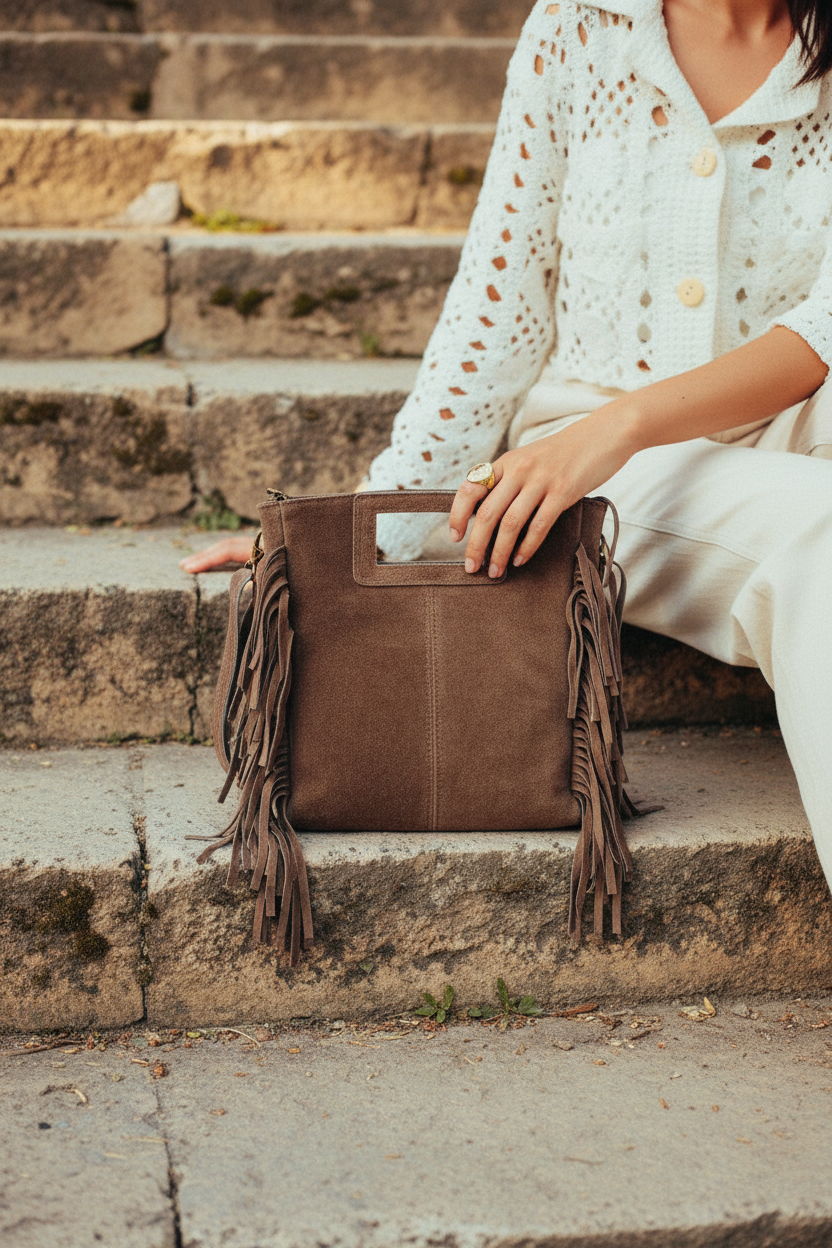 Boho Handtasche mit Fransen – Echtleder Braun – LACLARA mediterrane Mode