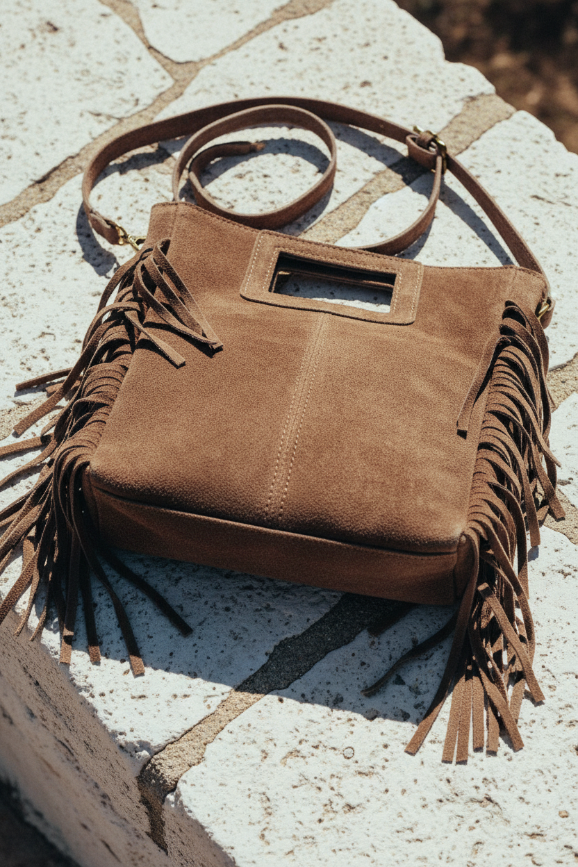 Boho Handtasche mit Fransen – Echtleder Braun – LACLARA mediterrane Mode