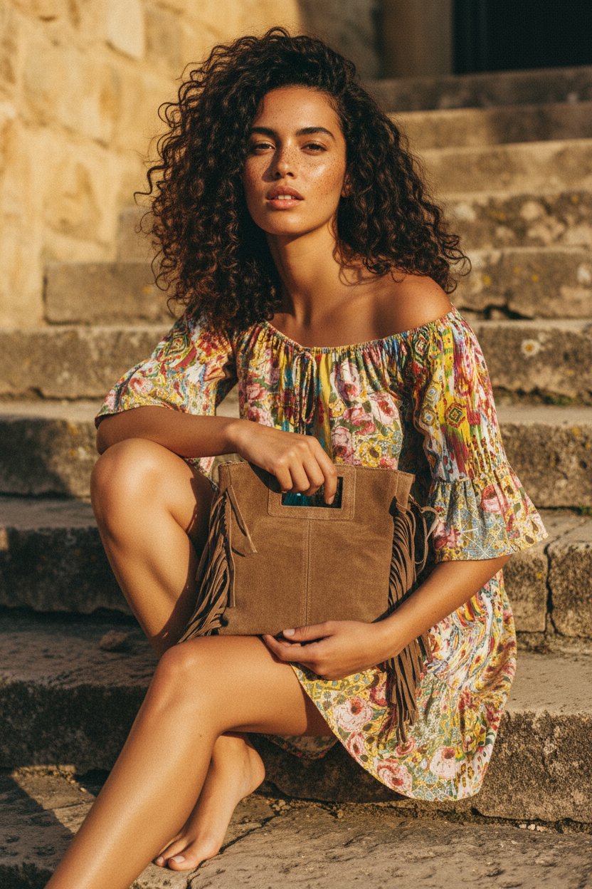 Boho Handtasche mit Fransen – Echtleder Braun – LACLARA mediterrane Mode