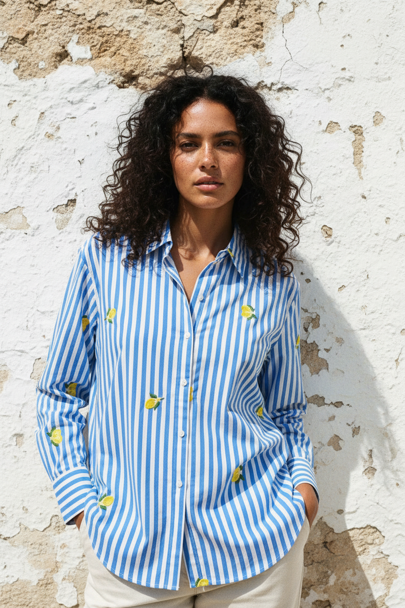 Oversize Bluse „Limone“ — Blau-Weiß & Zitronen – LACLARA mediterrane Mode