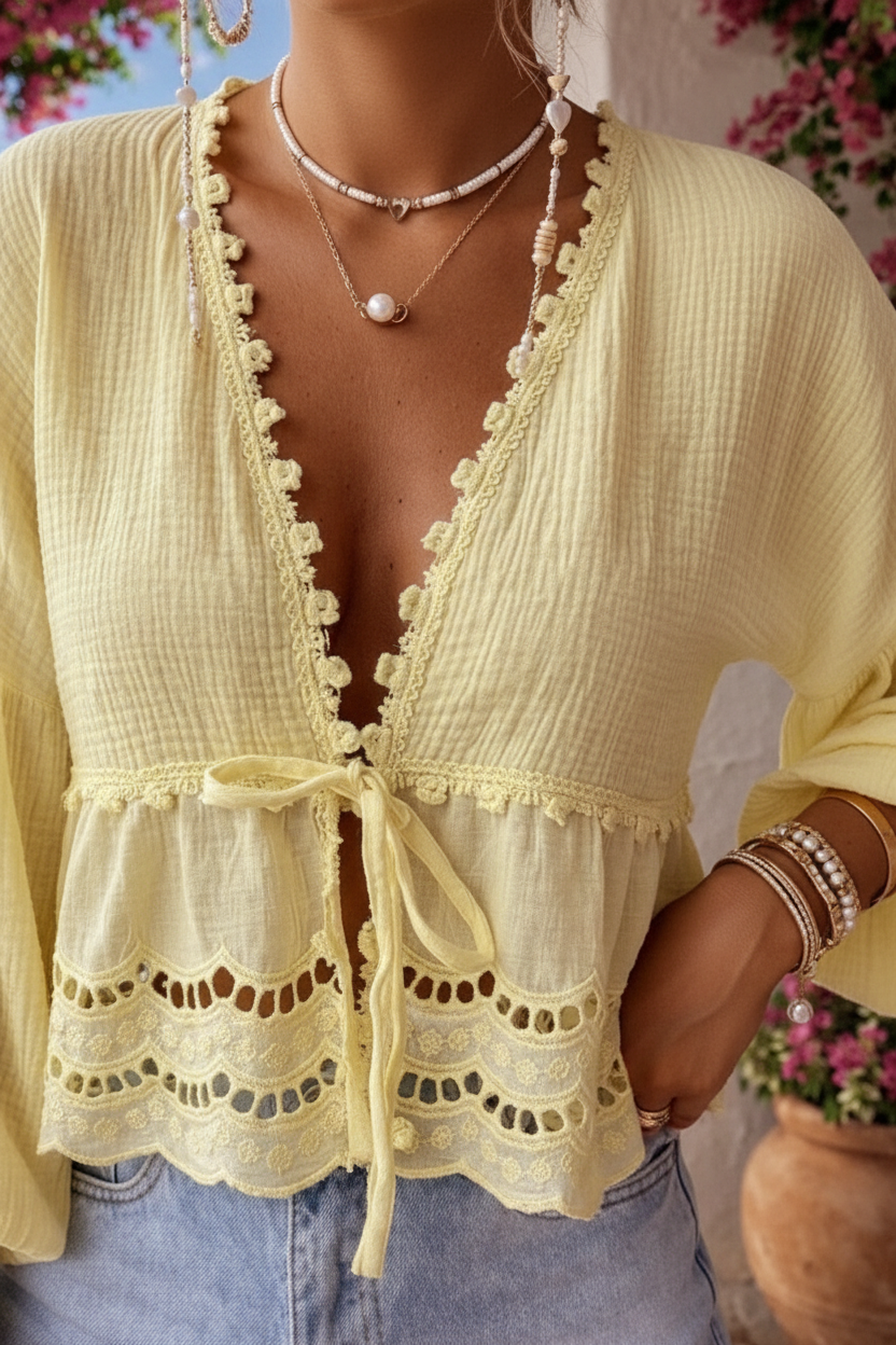 Boho Bluse „Limoncello“ — Zitronengelb mit Häkeldetails – LACLARA mediterrane Mode