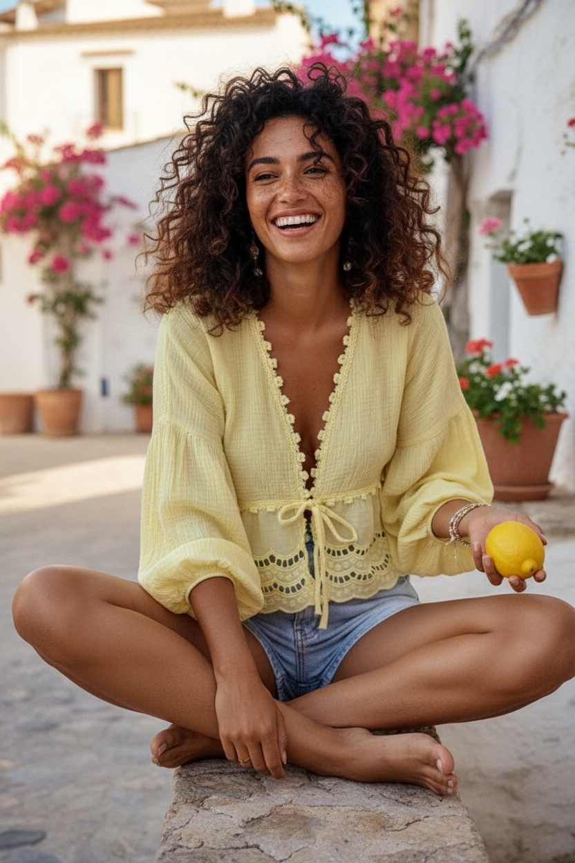 Boho Bluse „Limoncello“ — Zitronengelb mit Häkeldetails – LACLARA mediterrane Mode