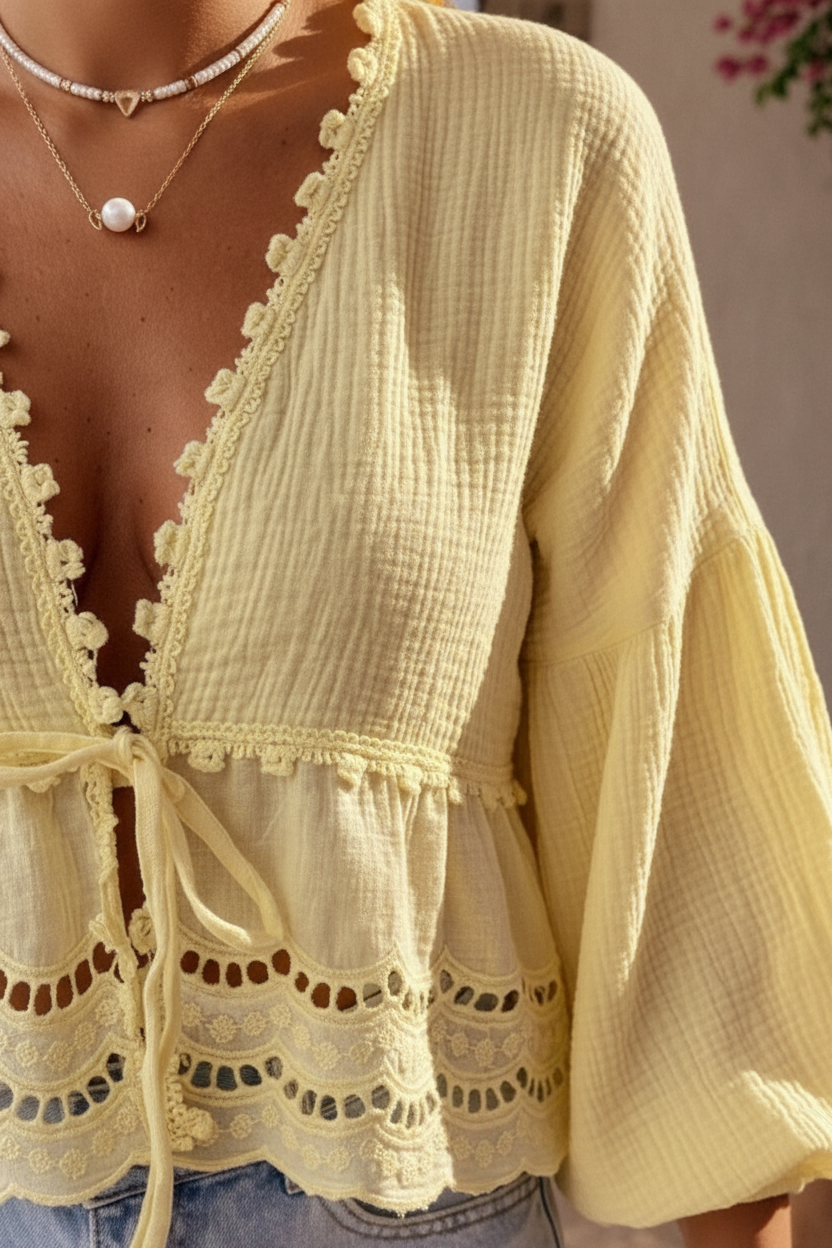 Boho Bluse „Limoncello“ — Zitronengelb mit Häkeldetails – LACLARA mediterrane Mode