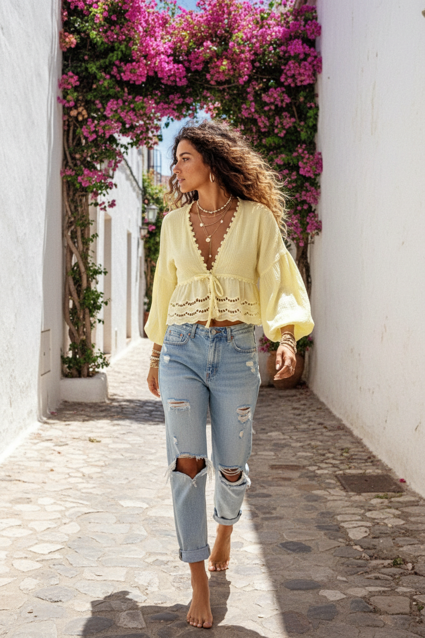 Boho Bluse „Limoncello“ — Zitronengelb mit Häkeldetails – LACLARA mediterrane Mode