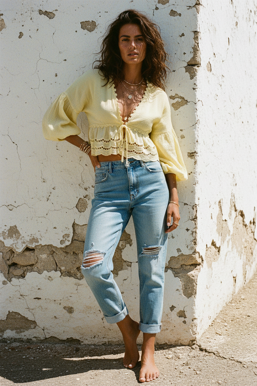 Boho Bluse „Limoncello“ — Zitronengelb mit Häkeldetails – LACLARA mediterrane Mode