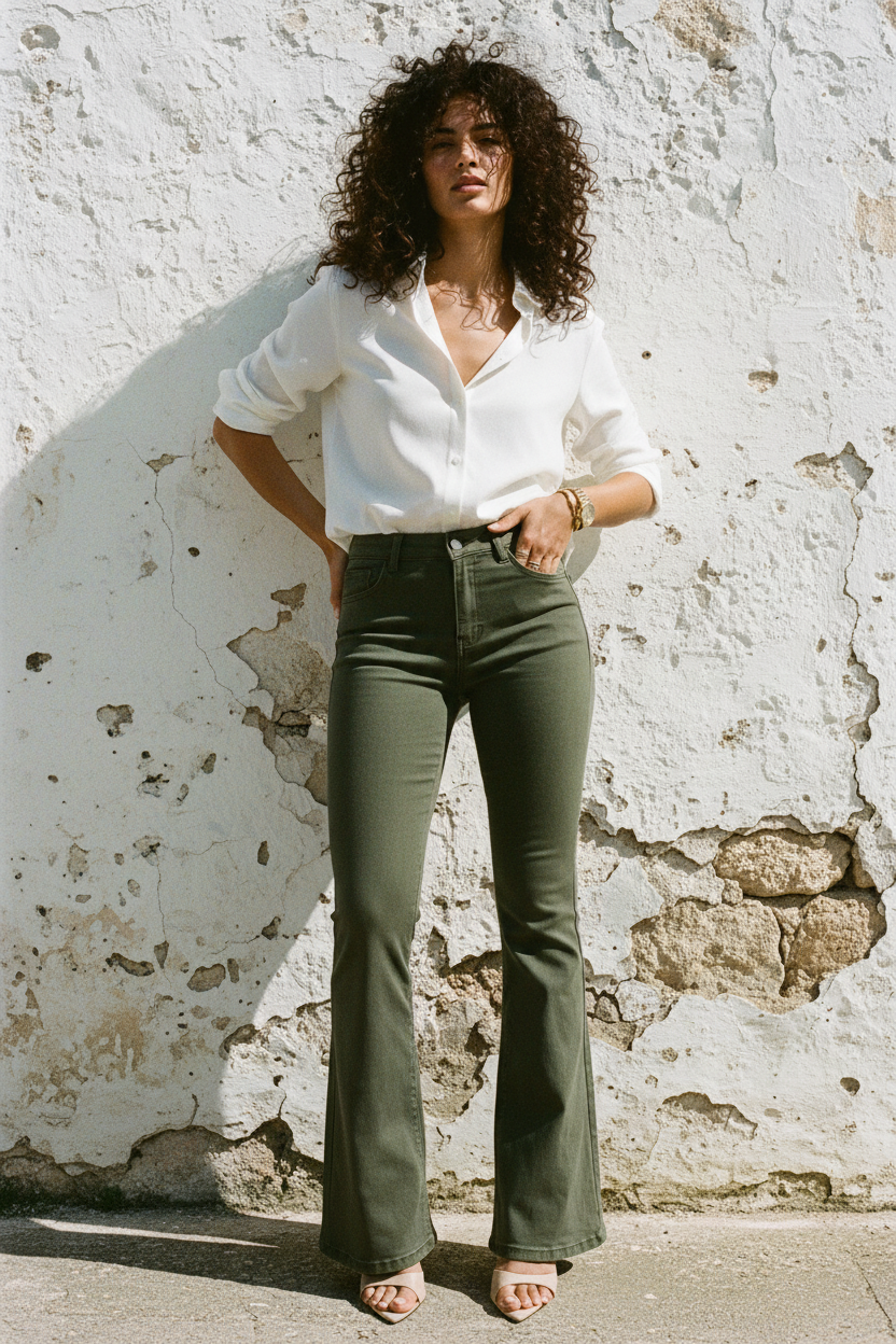 Push-Up Flared Hose Oliv — High Waist Bootcut – LACLARA mediterrane Mode