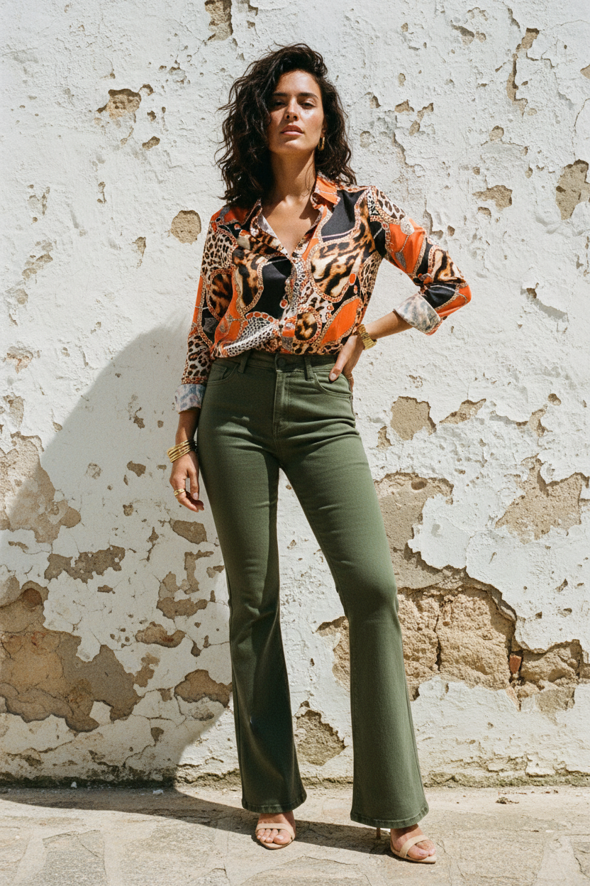 Push-Up Flared Hose Oliv — High Waist Bootcut – LACLARA mediterrane Mode