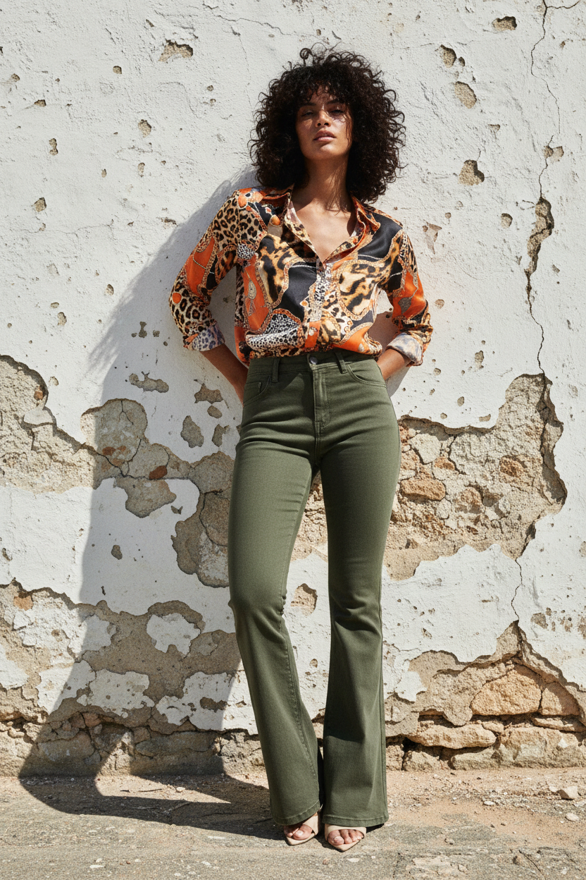 Push-Up Flared Hose Oliv — High Waist Bootcut – LACLARA mediterrane Mode