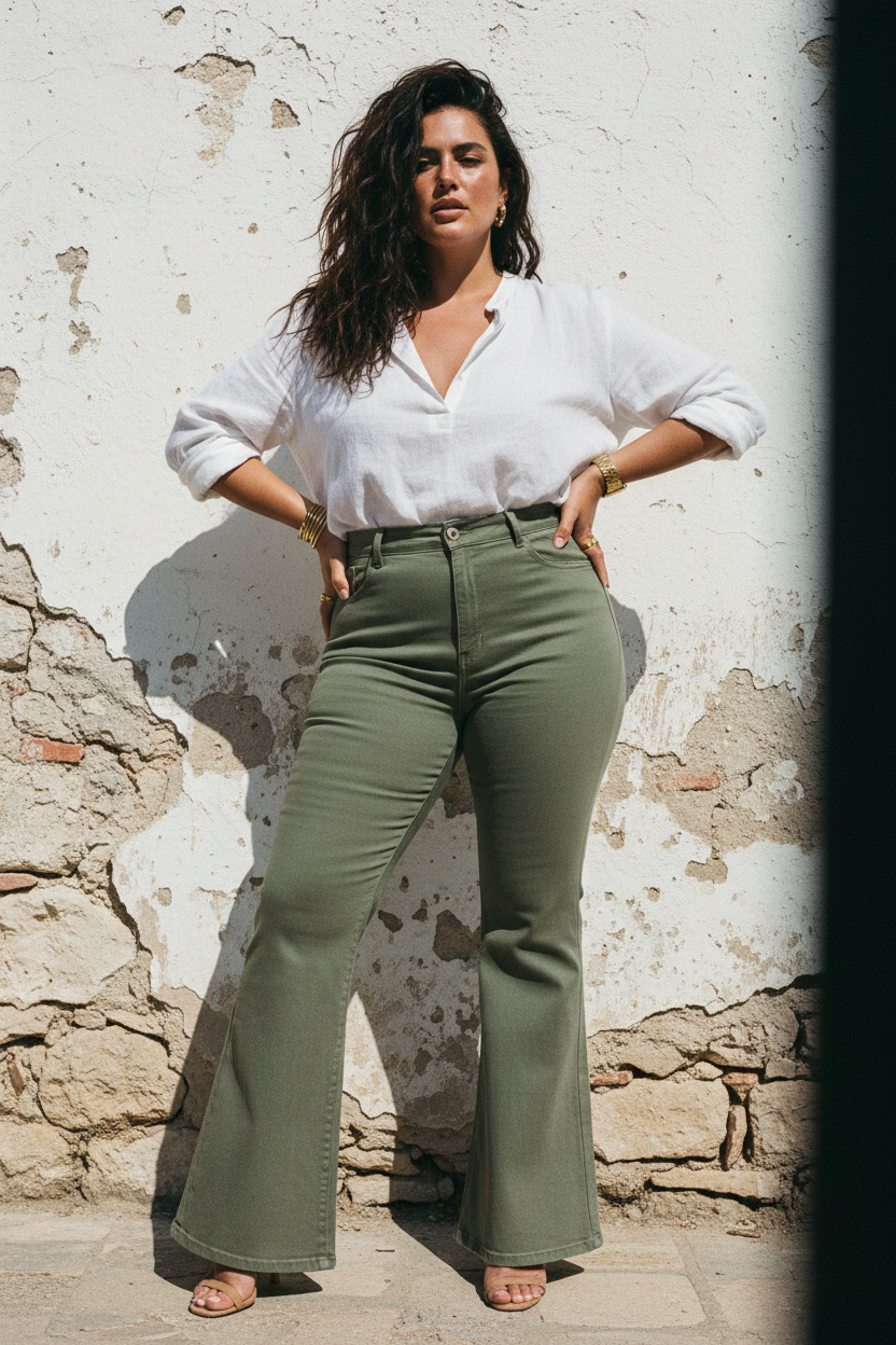Push-Up Flared Hose Oliv — High Waist Bootcut – LACLARA mediterrane Mode