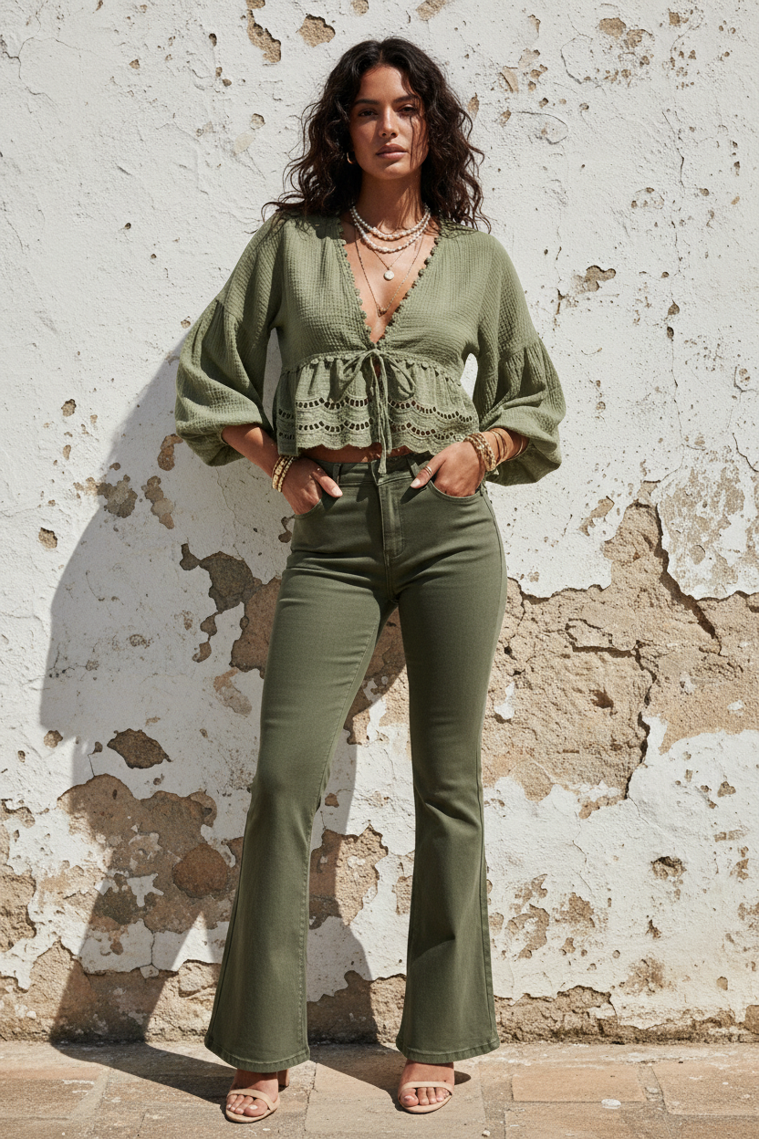 Push-Up Flared Hose Oliv — High Waist Bootcut – LACLARA mediterrane Mode