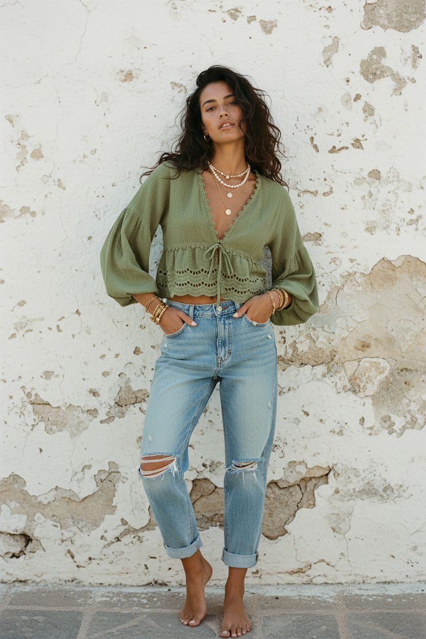 Boho Bluse Khaki Produktbild 2