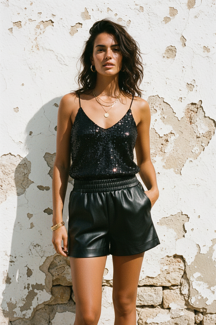 Kunstleder Shorts Schwarz mit Gummibund – LACLARA mediterrane Mode