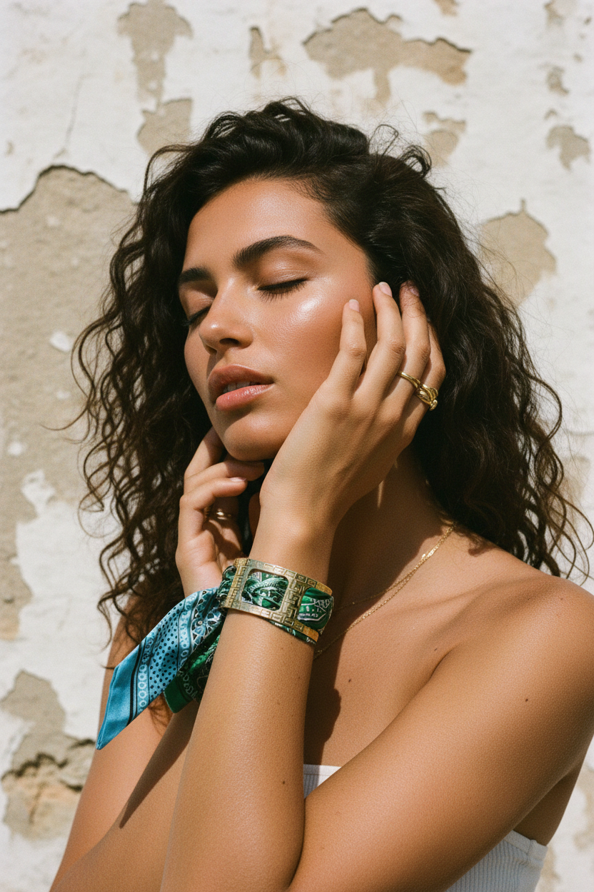 Gold Armband mit Tuch Grün – LACLARA mediterrane Mode