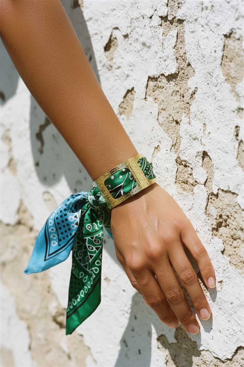 Gold Armband mit Tuch Grün – LACLARA mediterrane Mode