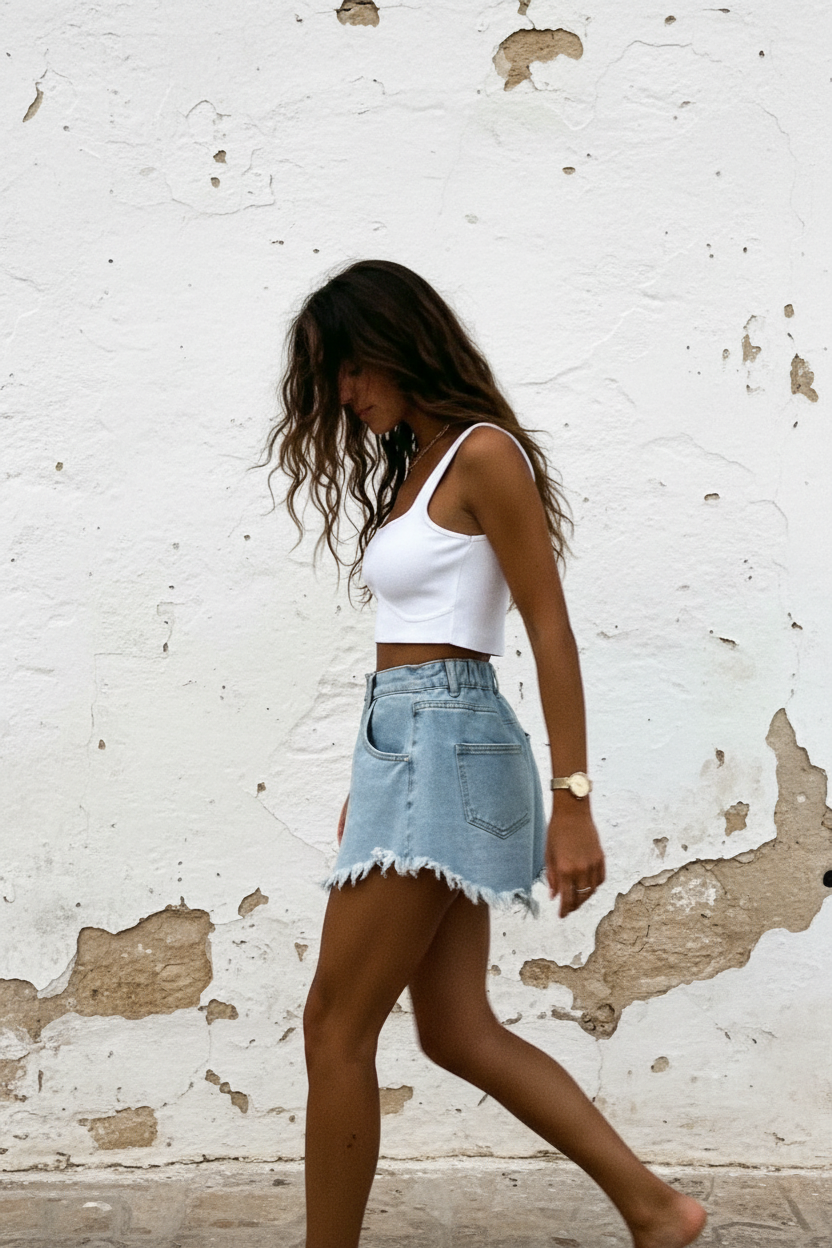Denim Shorts Hellblau mit Fransen – LACLARA mediterrane Mode