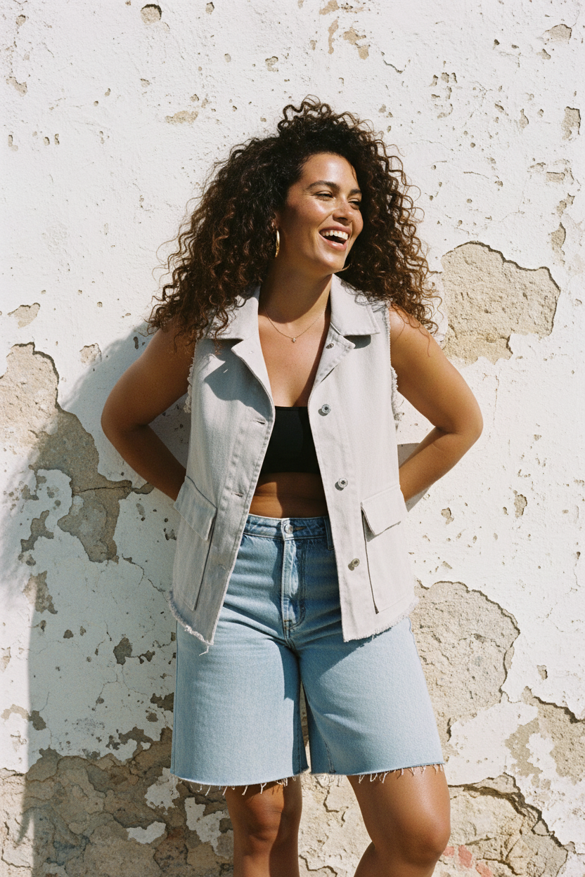 Oversize Denim Weste – Leo Tongue Patch – LACLARA mediterrane Mode