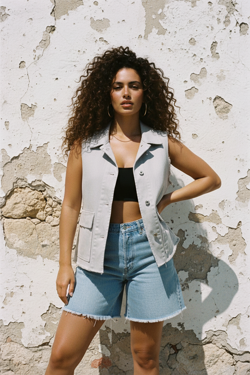 Oversize Denim Weste – Leo Tongue Patch – LACLARA mediterrane Mode