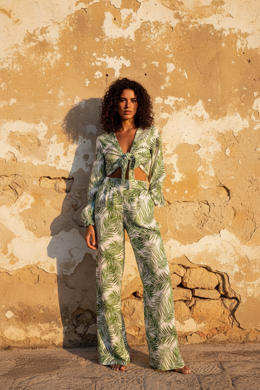 Palmblatt Set – Crop Top & Wide-Leg Hose, Frontansicht goldene Wand