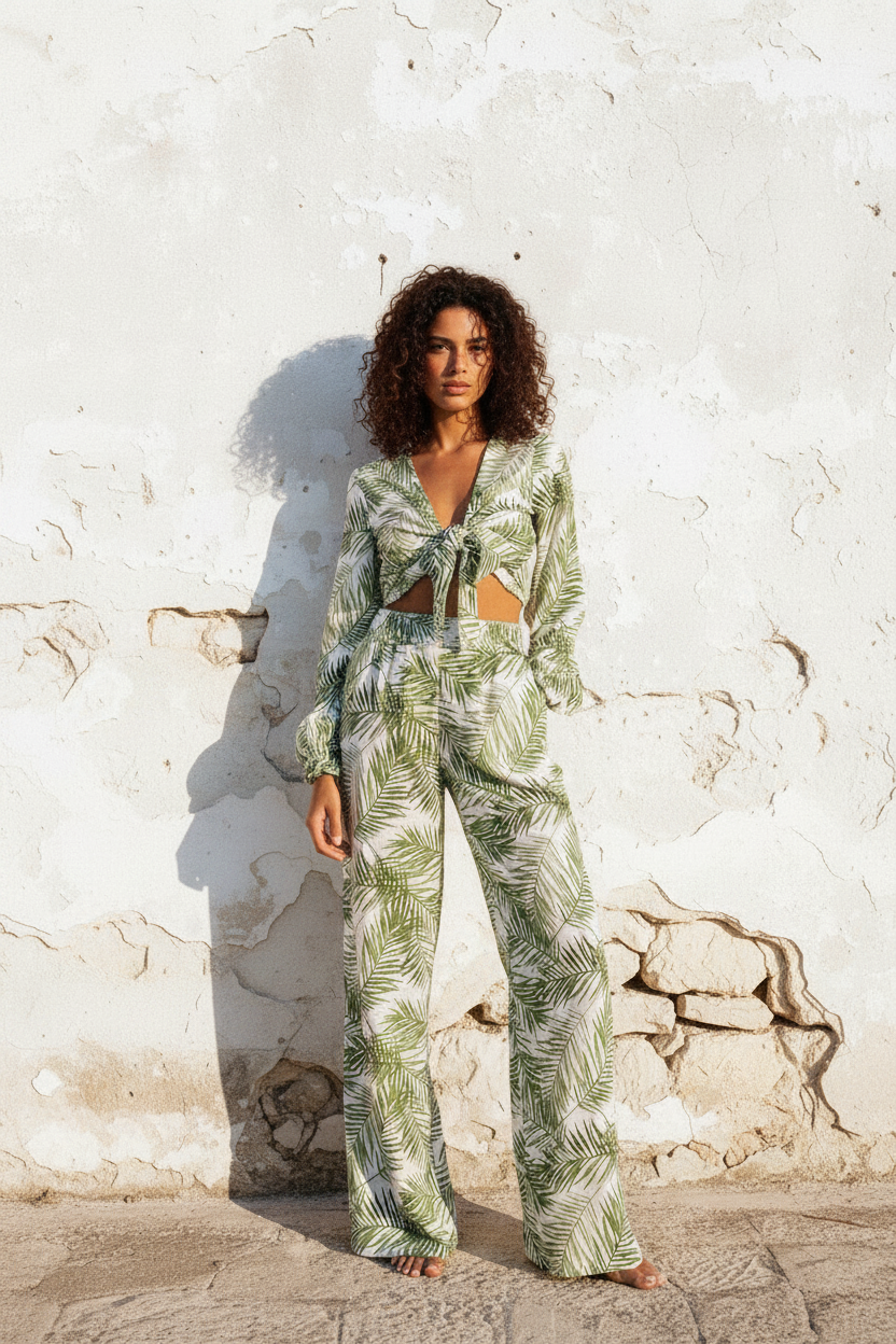 Palmblatt Set – Crop Top & Wide-Leg Hose, Frontansicht weiße Wand