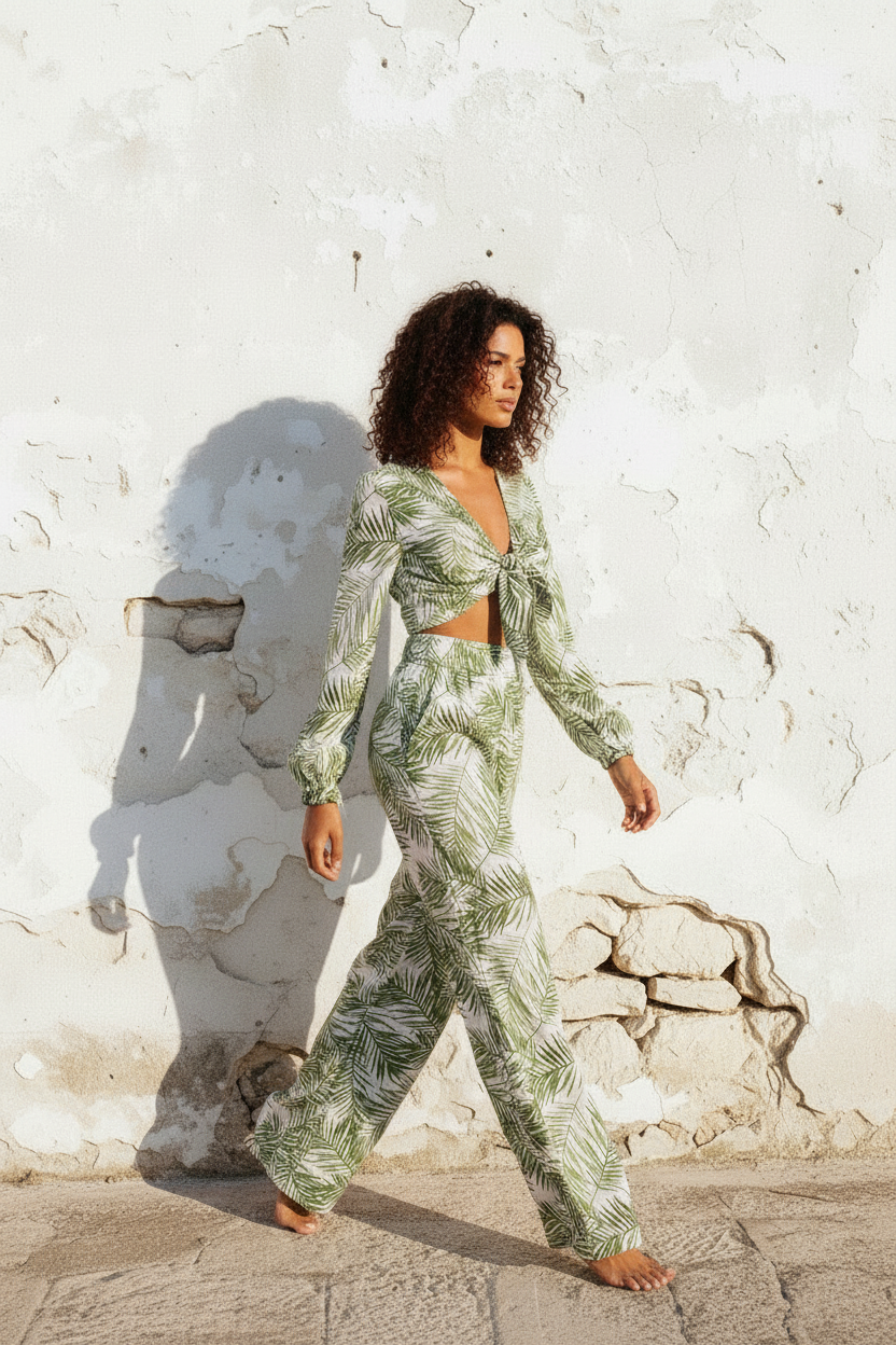 Palmblatt Set – Crop Top & Wide-Leg Hose, Arme hoch lächelnd
