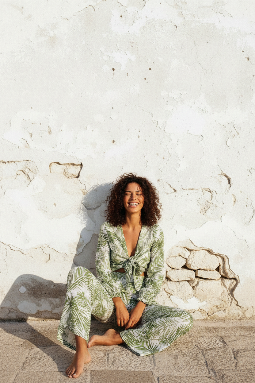 Palmblatt Set – Crop Top & Wide-Leg Hose, Rückenansicht