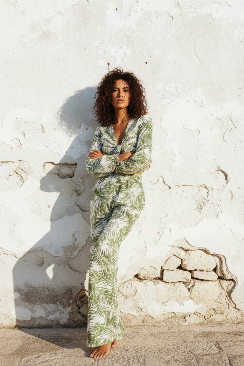 Palmblatt Set – Crop Top & Wide-Leg Hose, gehend