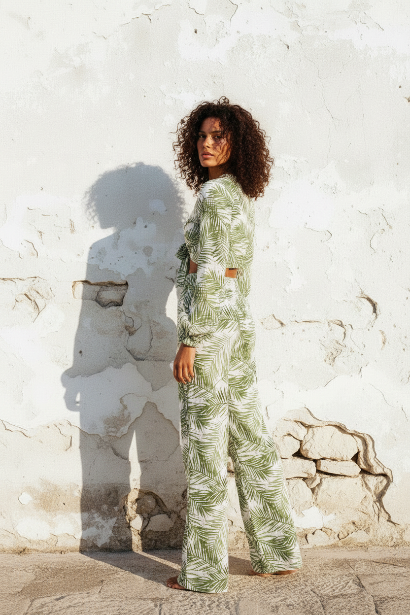 Palmblatt Set – Crop Top & Wide-Leg Hose, Detail