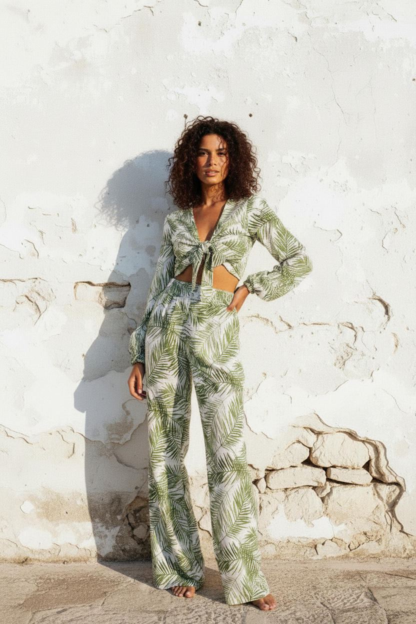 Palmblatt Set – Crop Top & Wide-Leg Hose, Ganzkörper