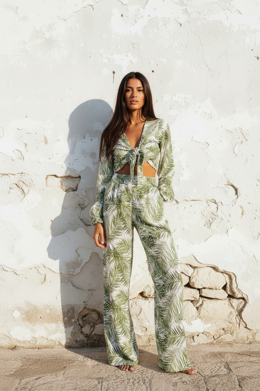 Palmblatt Set – Crop Top & Wide-Leg Hose, Editorial