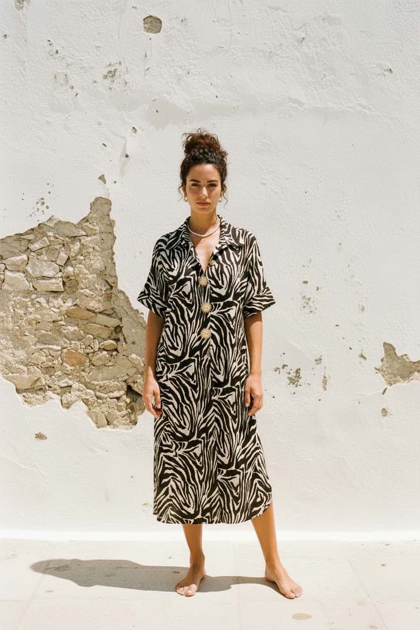 Zebra Midi-Kleid – Ganzköperfoto barfuß