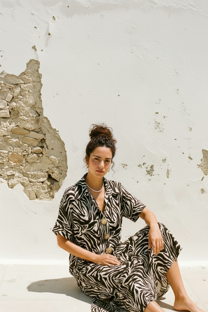 Zebra Midi-Kleid – Seitenansicht gehend