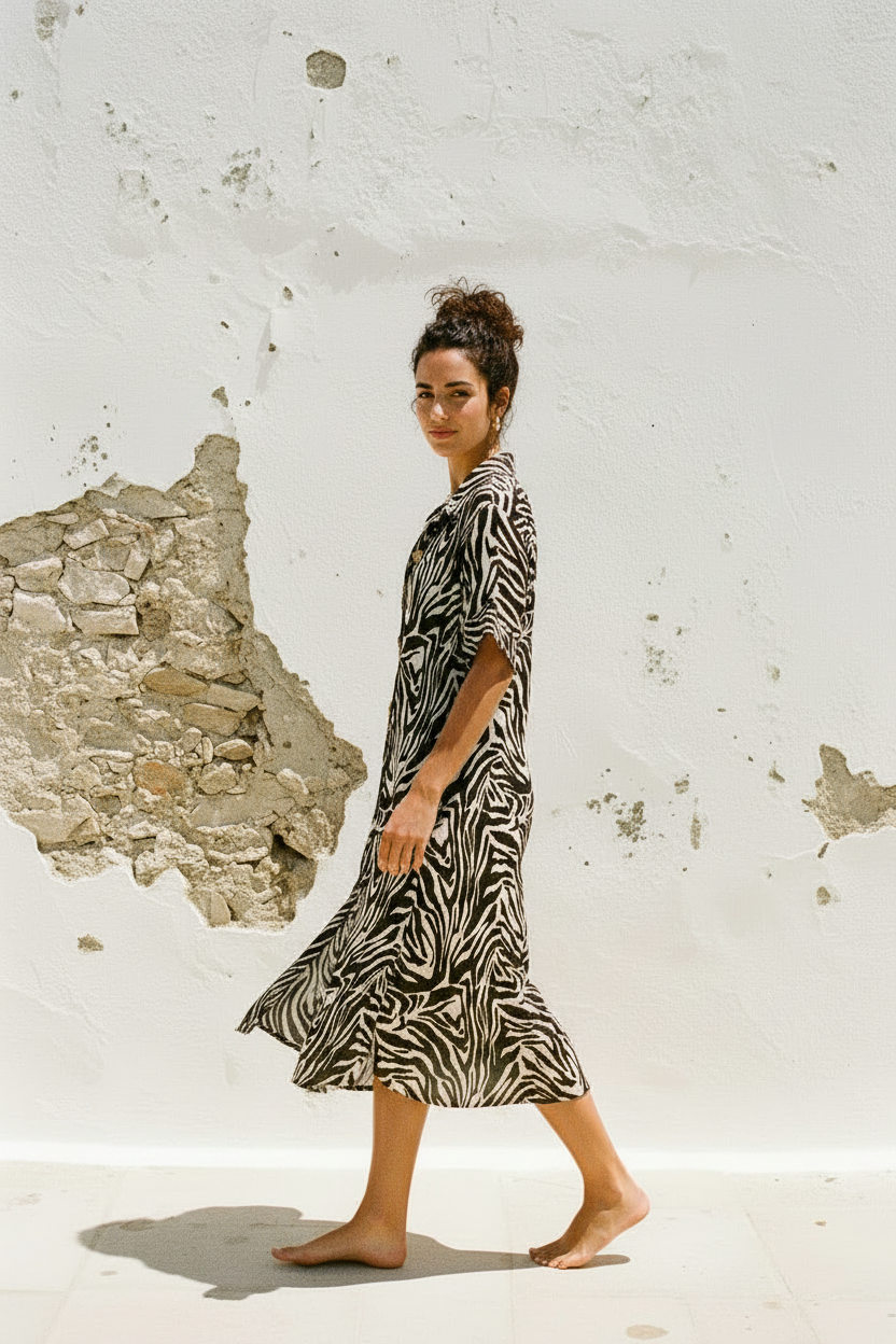 Zebra Midi-Kleid – sitzend, Editorial