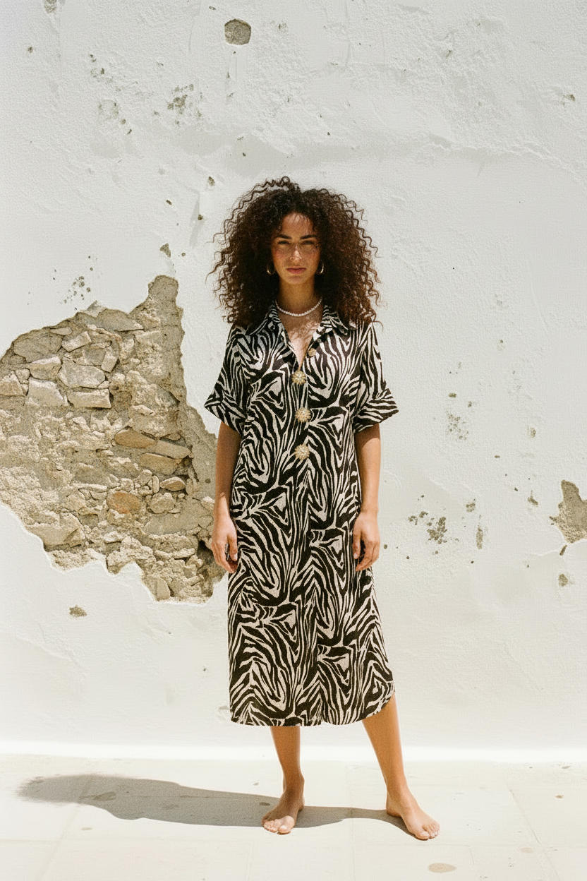 Zebra Midi-Kleid – Kurvenmodel mit Tasche