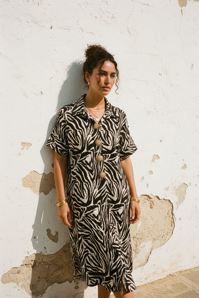 Zebra Midi-Kleid – Frontansicht lockiges Haar