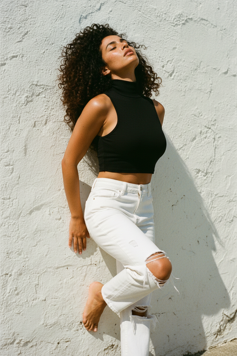 Black Ribbed Turtleneck Crop Top – Frontansicht 2