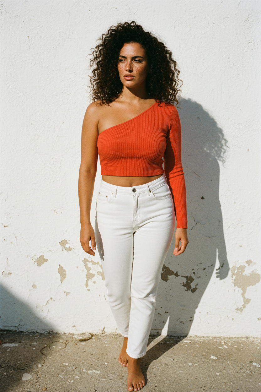 One-Shoulder Ripp-Crop-Top Orange – Frontansicht verwitterte Wand