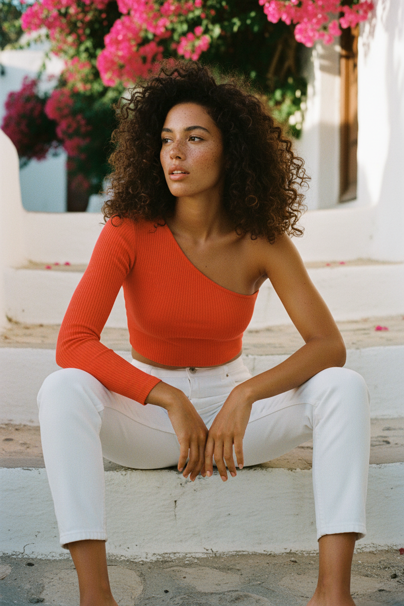 One-Shoulder Ripp-Crop-Top Orange – Sitzend mediterrane Treppe