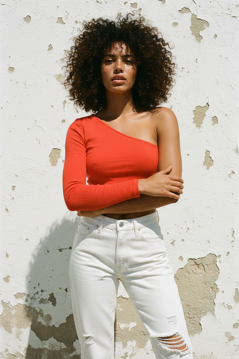 One-Shoulder Ripp-Crop-Top Orange – Stehend verwitterte Wand